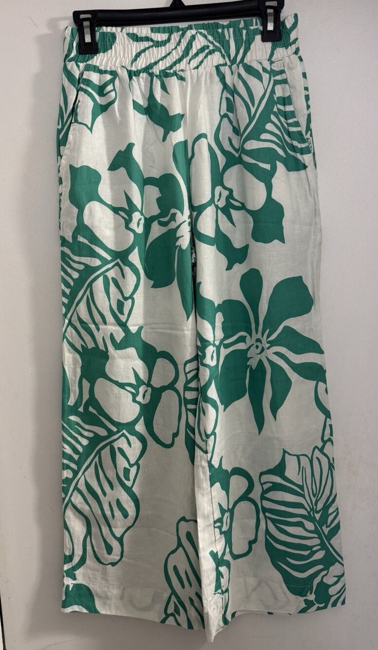 Panama Jack Women’s White & Green Tropical Print Linen Pants XS